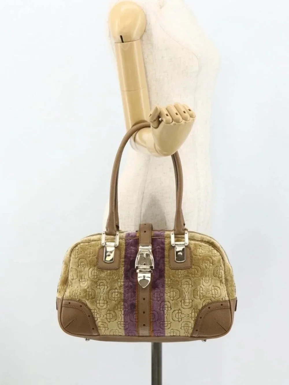 GUCCI Horsebit Boston Bag Velor Gold Beige 145770 Auth 176490V
